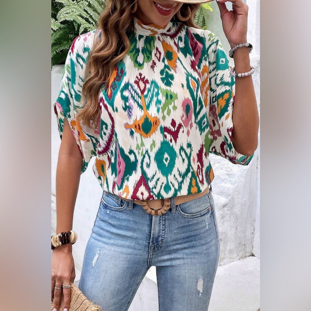 Ashlyn- multicolor print high neck bat sleeve blouse